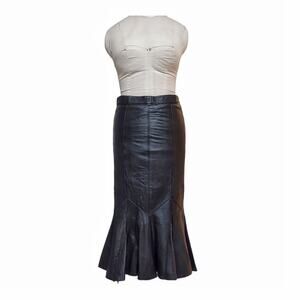 VINTAGE Black Leather Pencil Trumpet Skirt Size 6/8 Fishtail Gothic Retro Rocker
